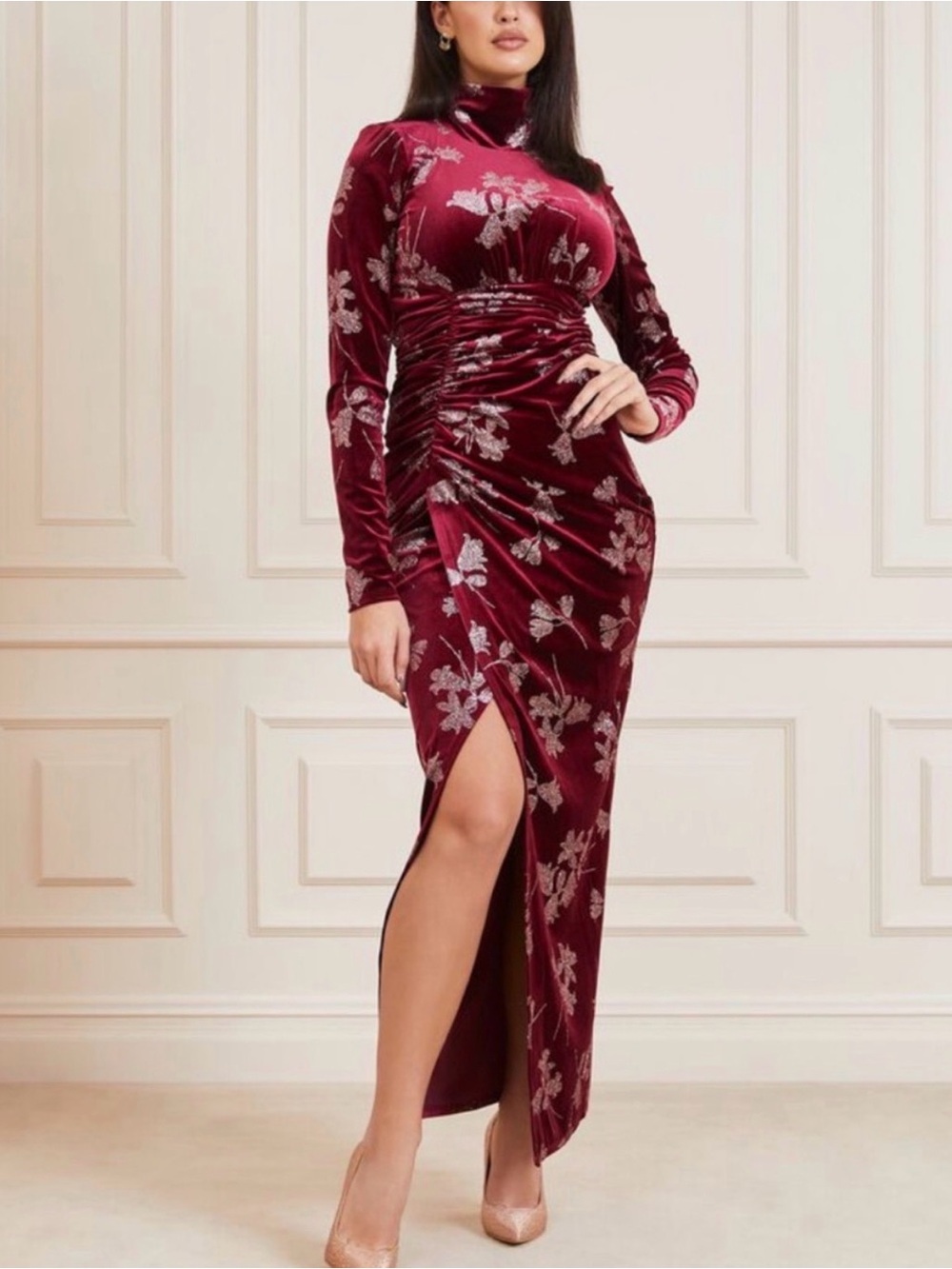Marciano by Guess Burgundy Velvet Floral Glitter Maxi Dress Slit Large